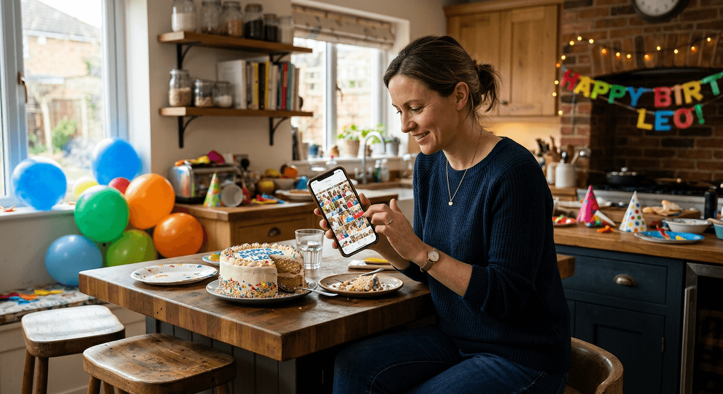 Parent reviewing birthday party photos on phone
