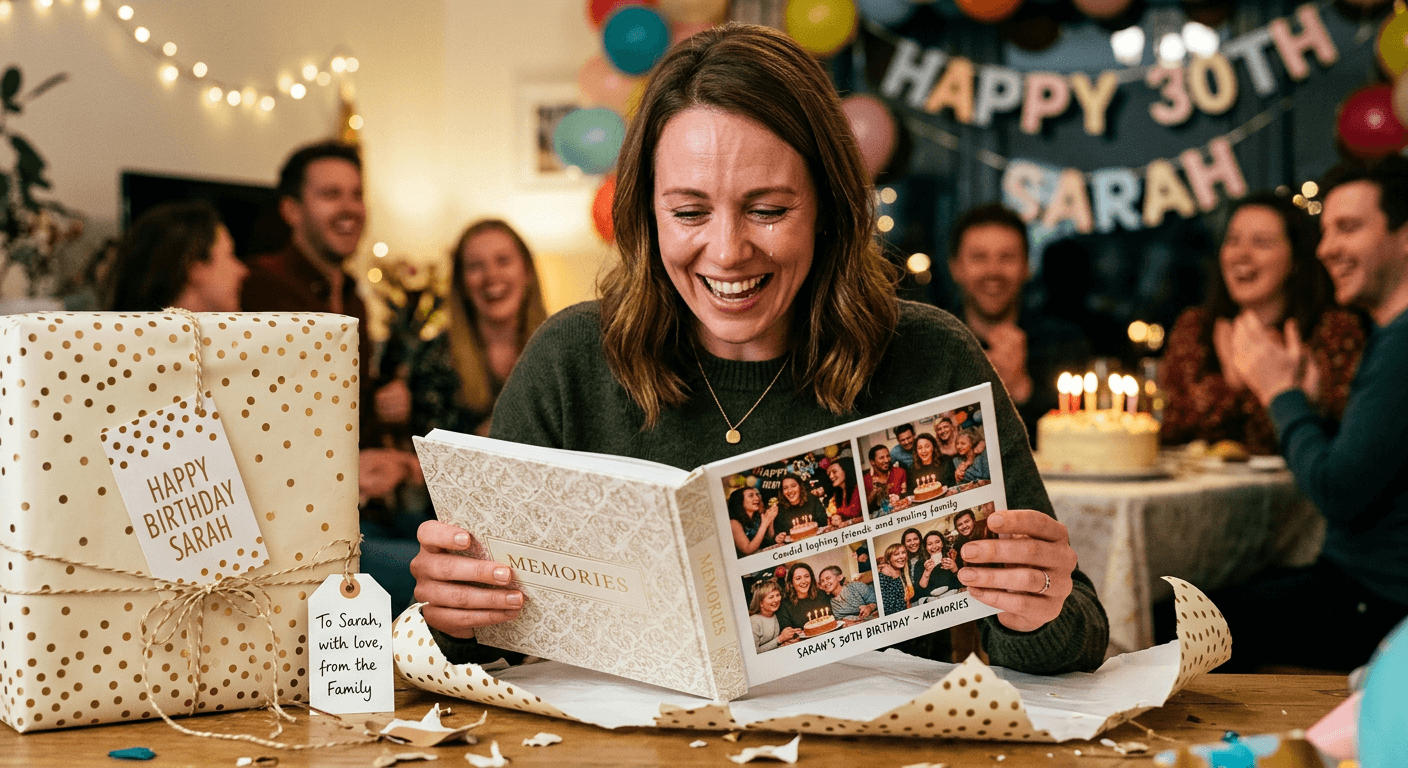 Birthday person opening a photo book gift