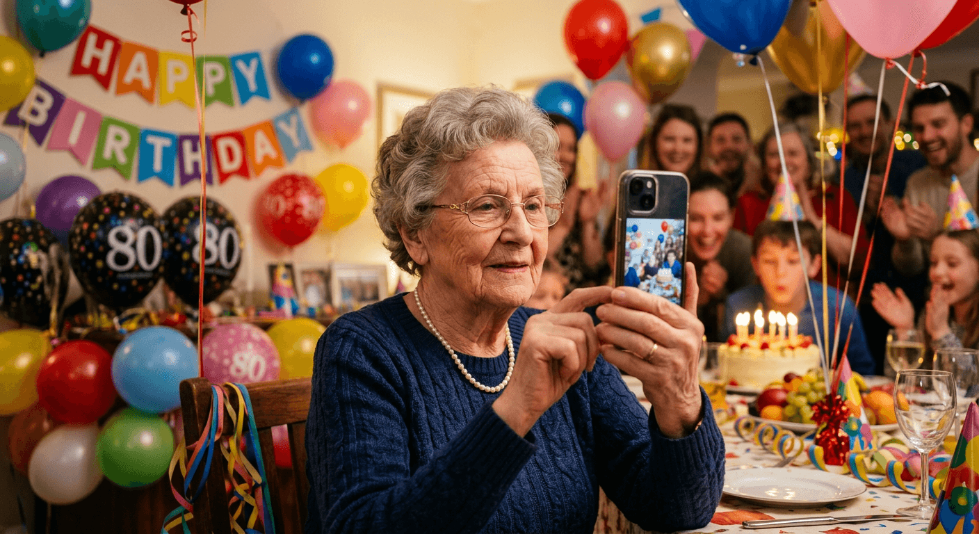 Grandma taking photos at a birthday party