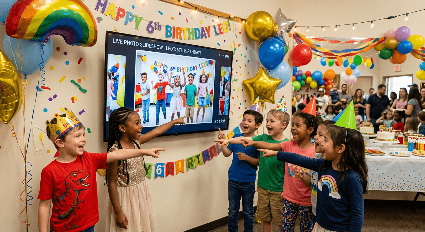 Kids birthday party with live photo slideshow on TV