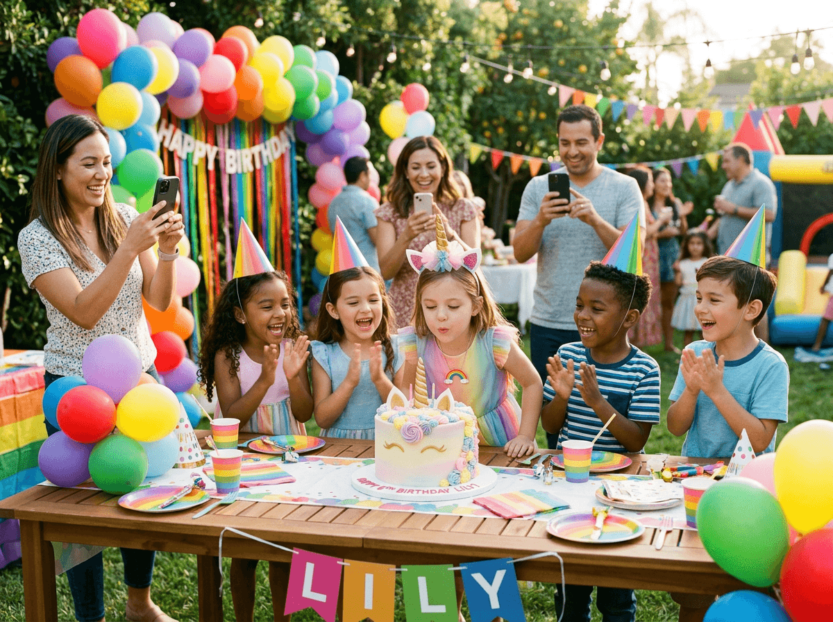 Colorful kids birthday party in a backyard