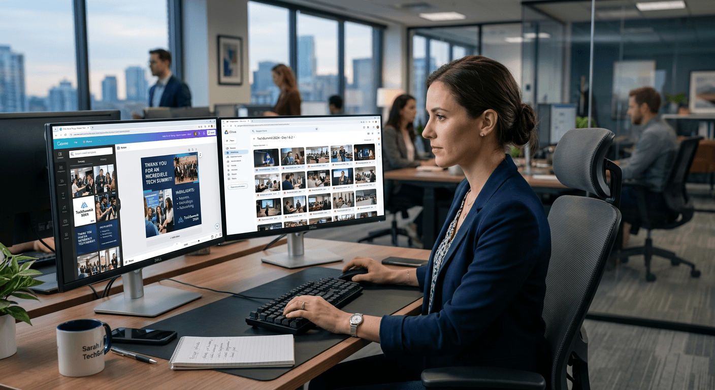 Marketing professional creating post-event content at their desk
