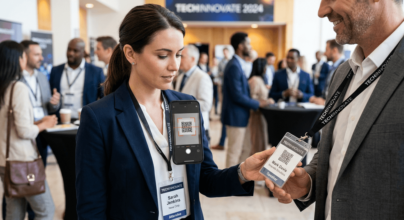 Person scanning QR code on a conference badge