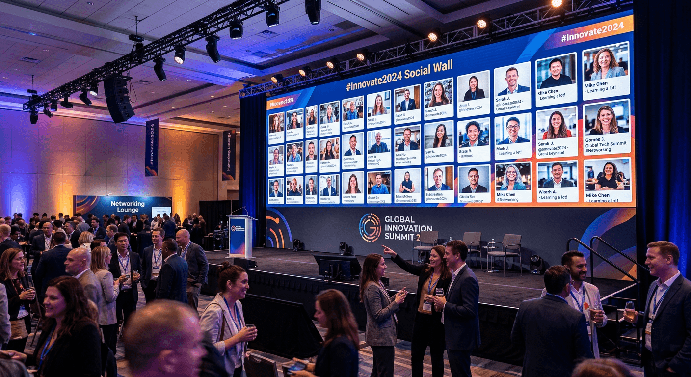 Digital display showing real-time attendee photos at a corporate event