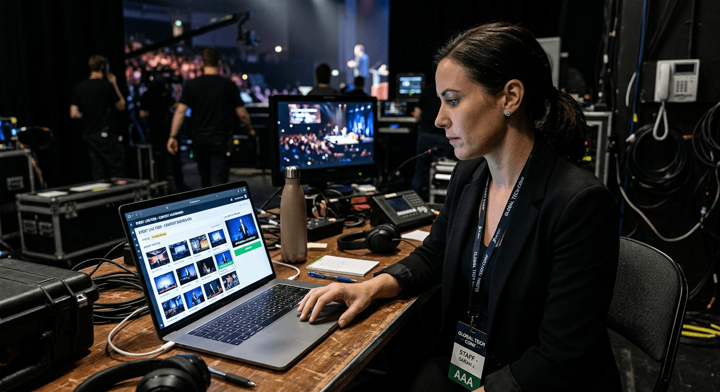 Marketing team member reviewing content on a laptop backstage
