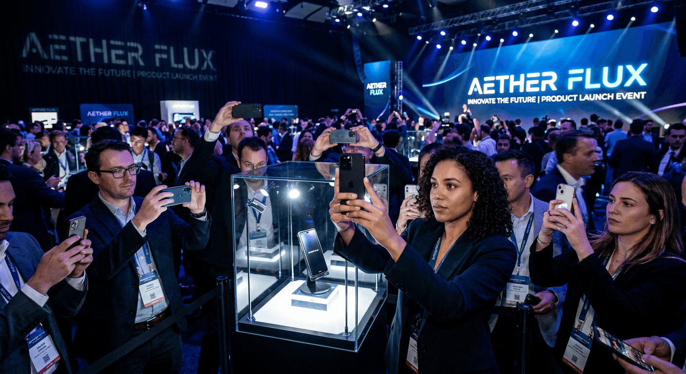 Attendees photographing a product display at a launch event