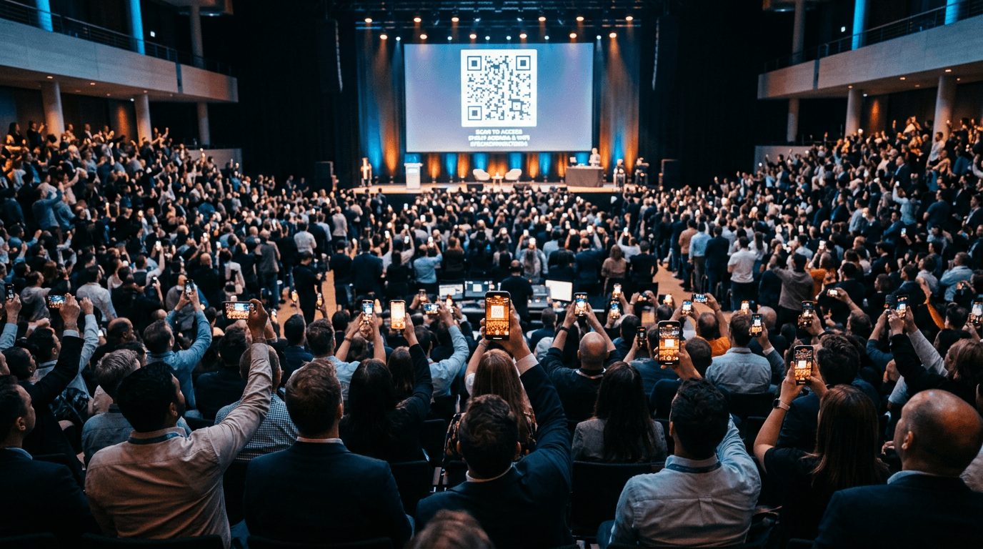Crowd at a conference scanning a QR code displayed on stage