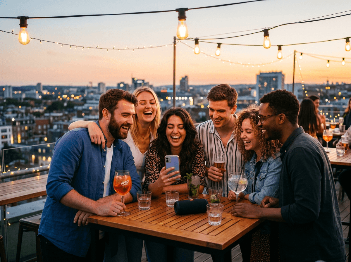 Friends laughing at rooftop party