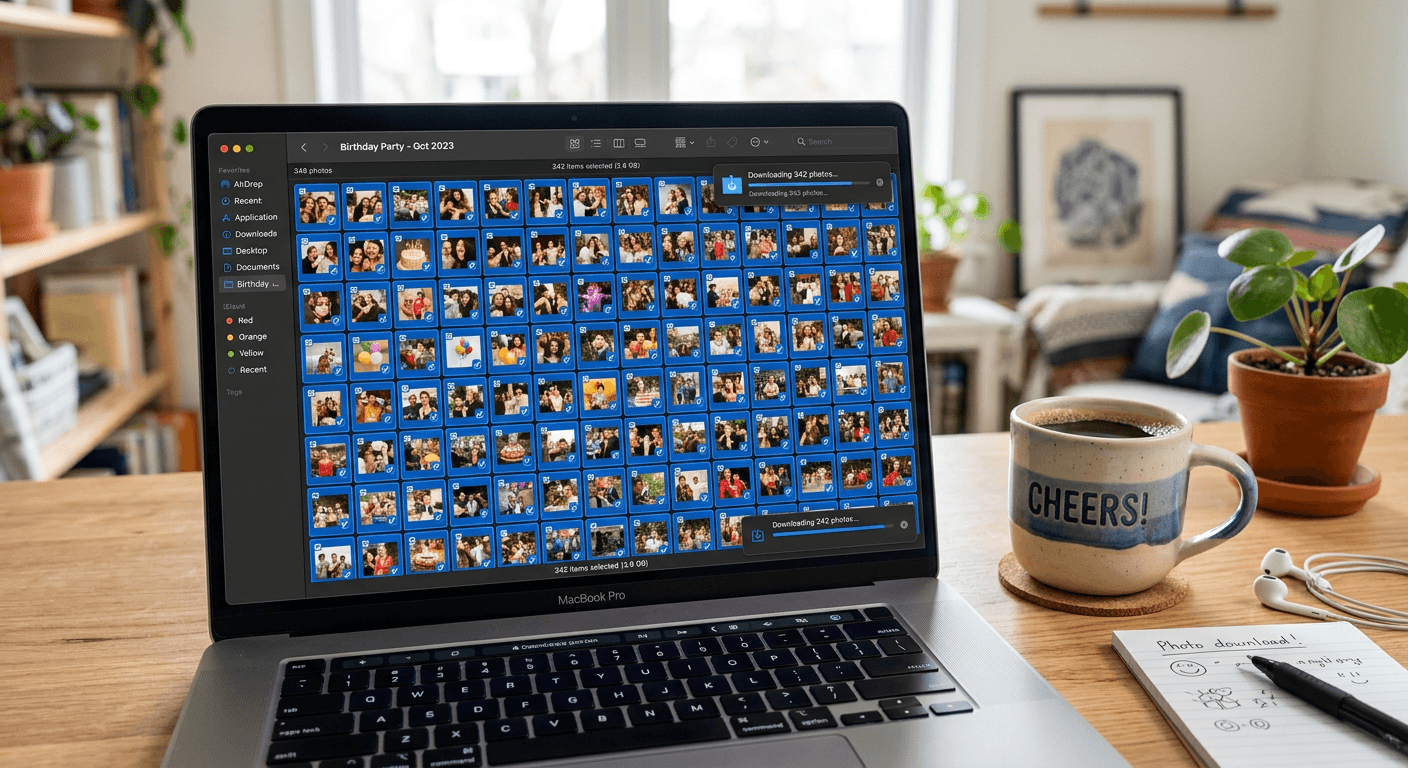 Laptop showing party photos being downloaded
