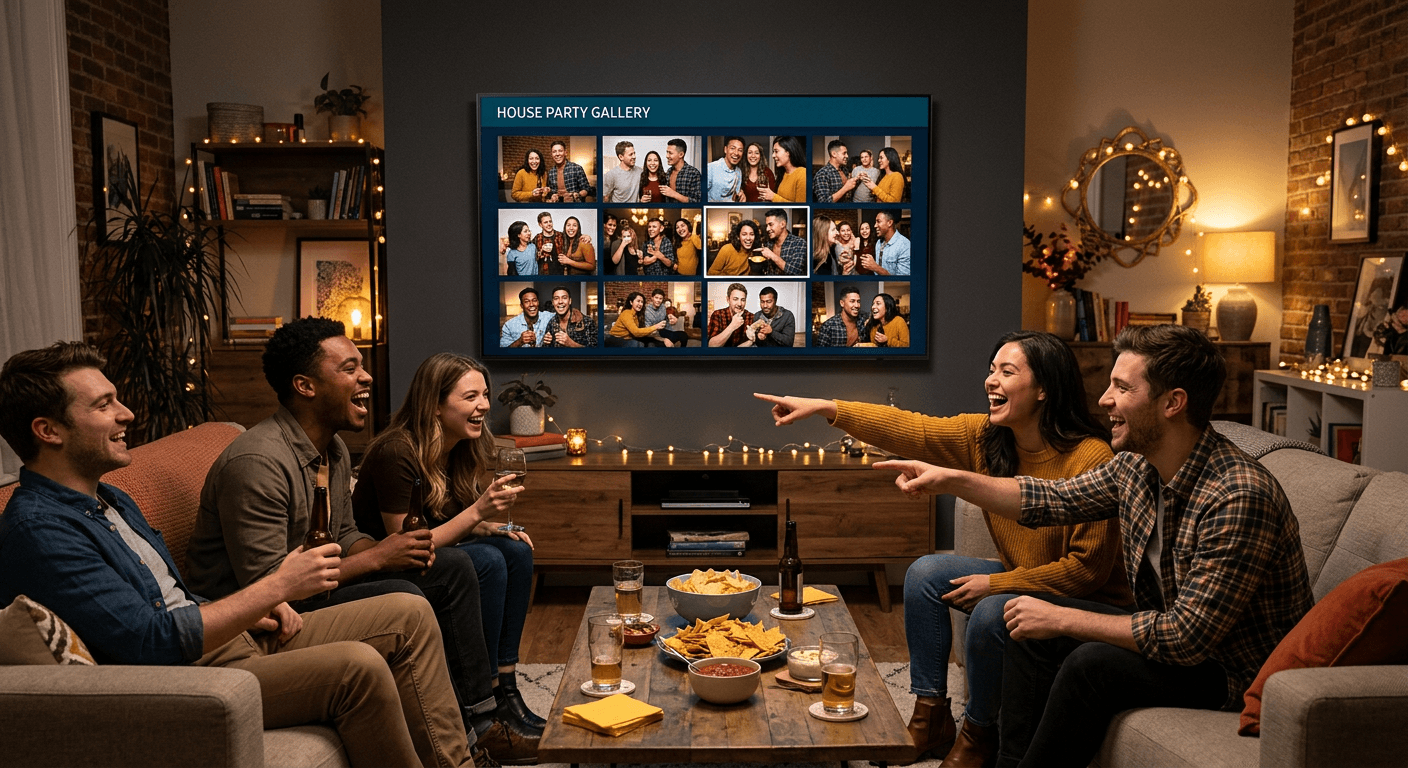 TV screen showing live photo gallery at a house party