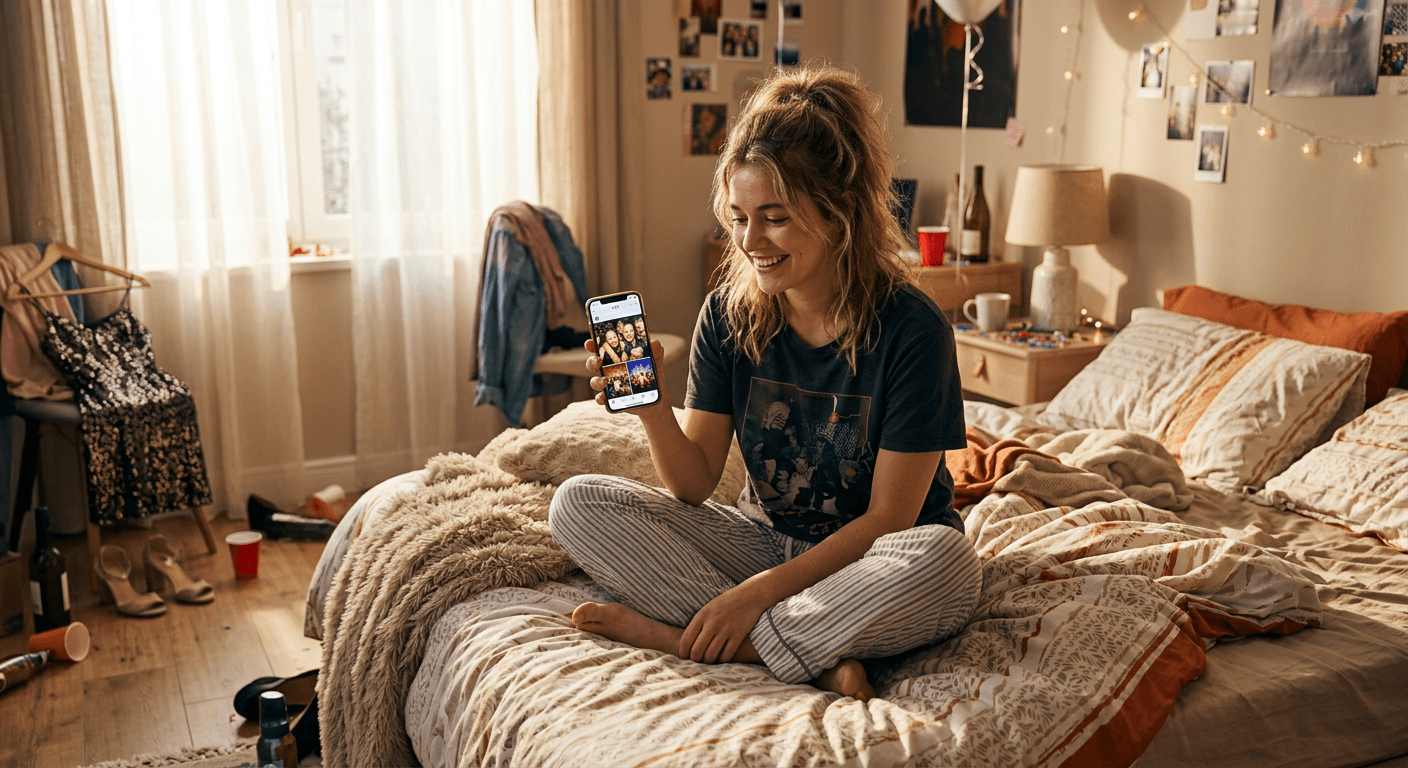 Person reviewing party photos the morning after