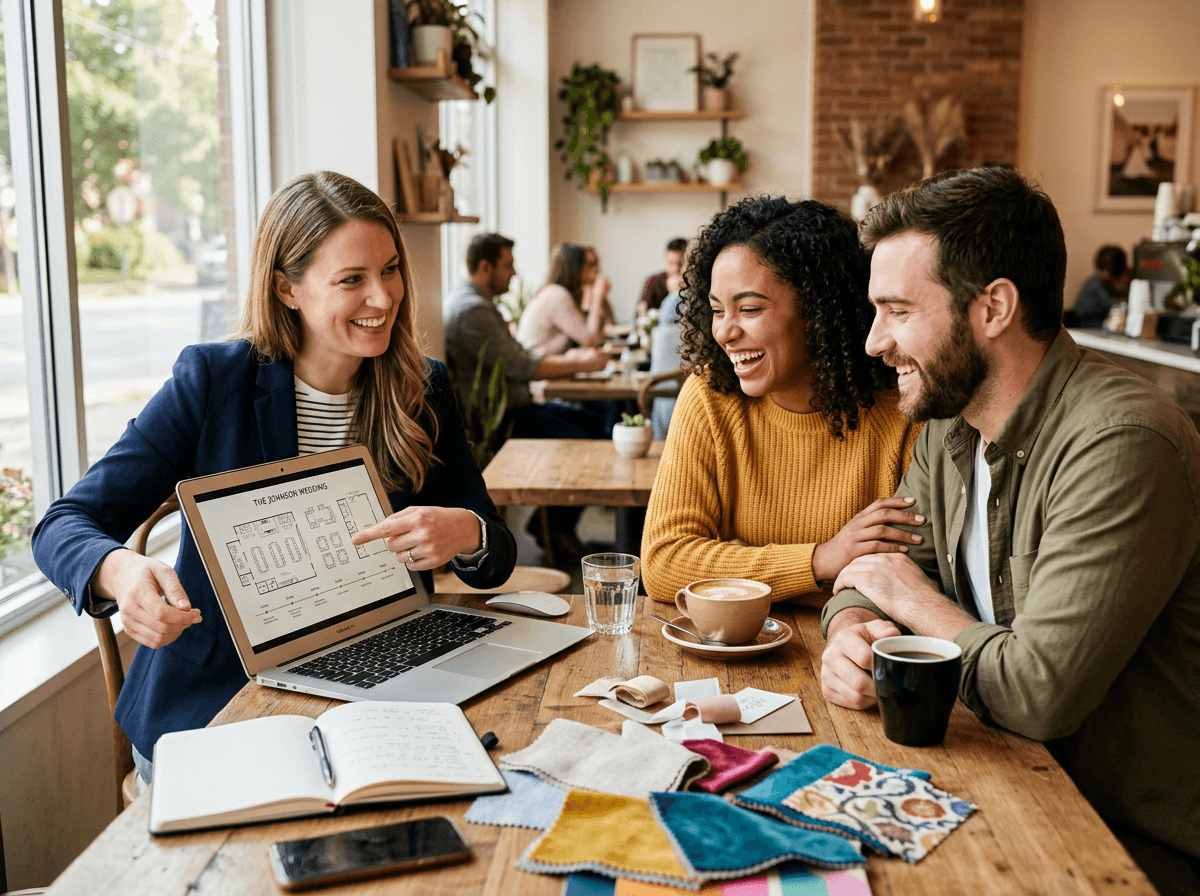 Planner meeting with couple for event planning