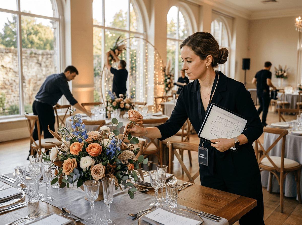 Event planner adjusting table arrangements