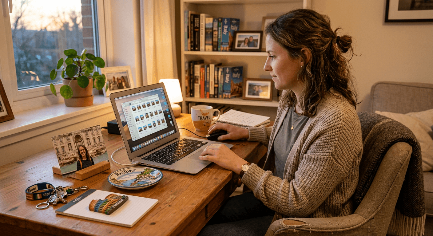 Person organizing trip photos on their computer at home
