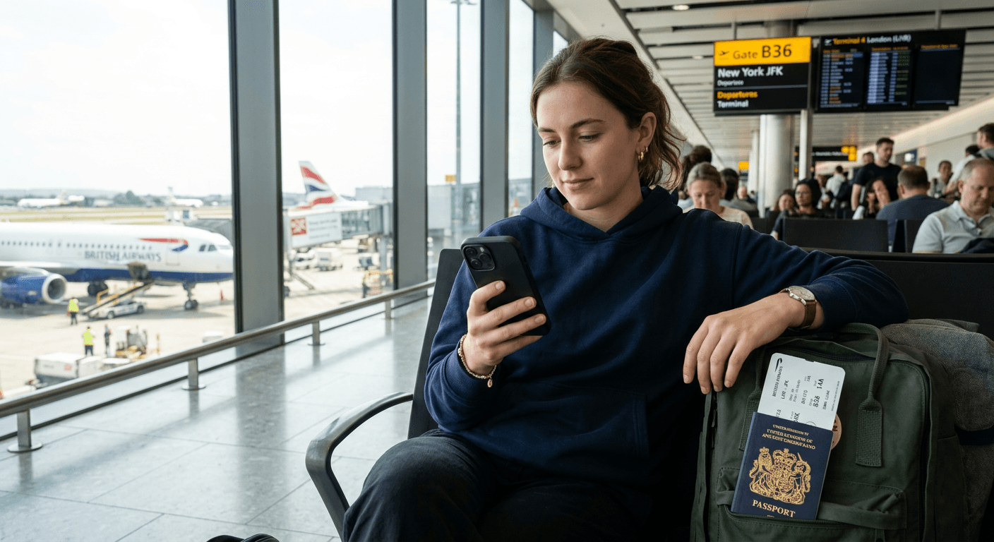 Person sharing a gallery link at an airport gate