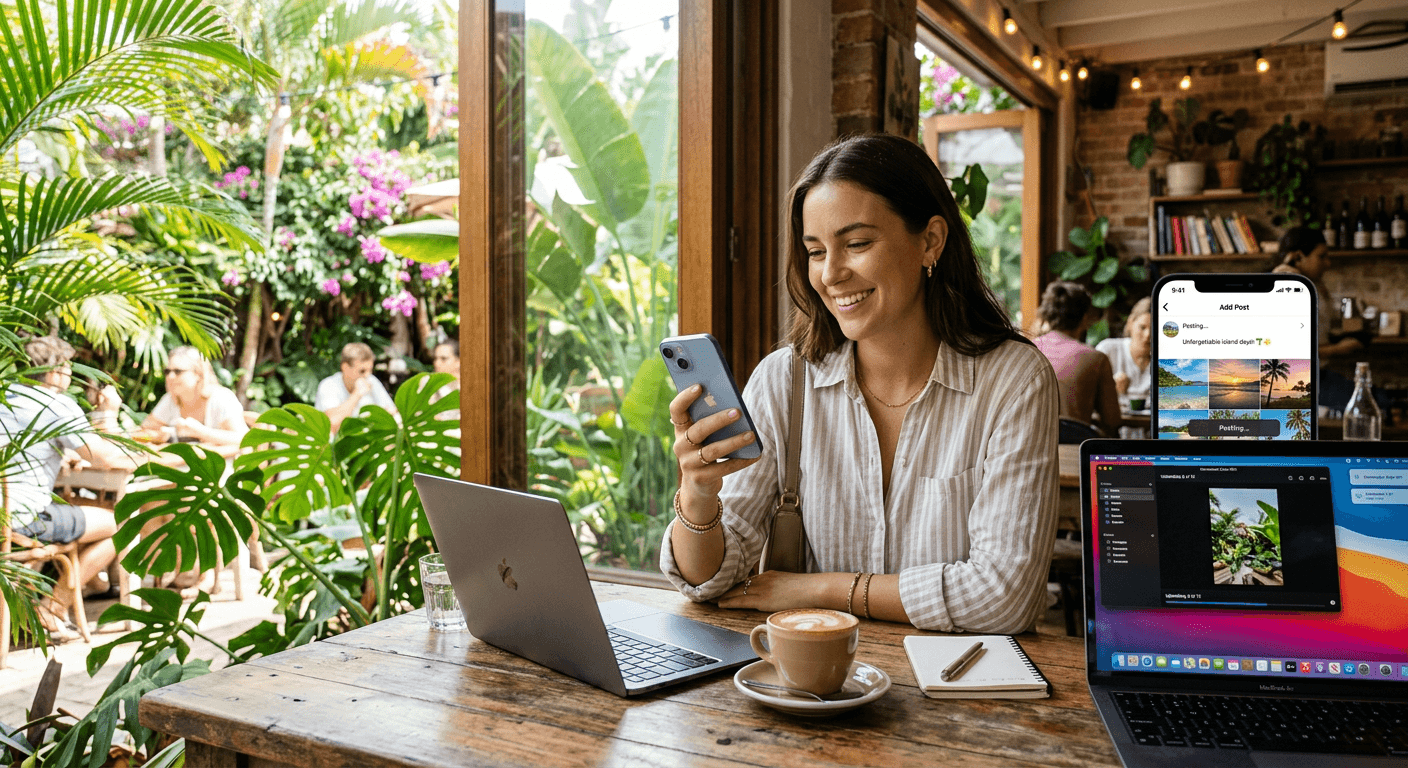 Person uploading vacation photos from a cafe with WiFi