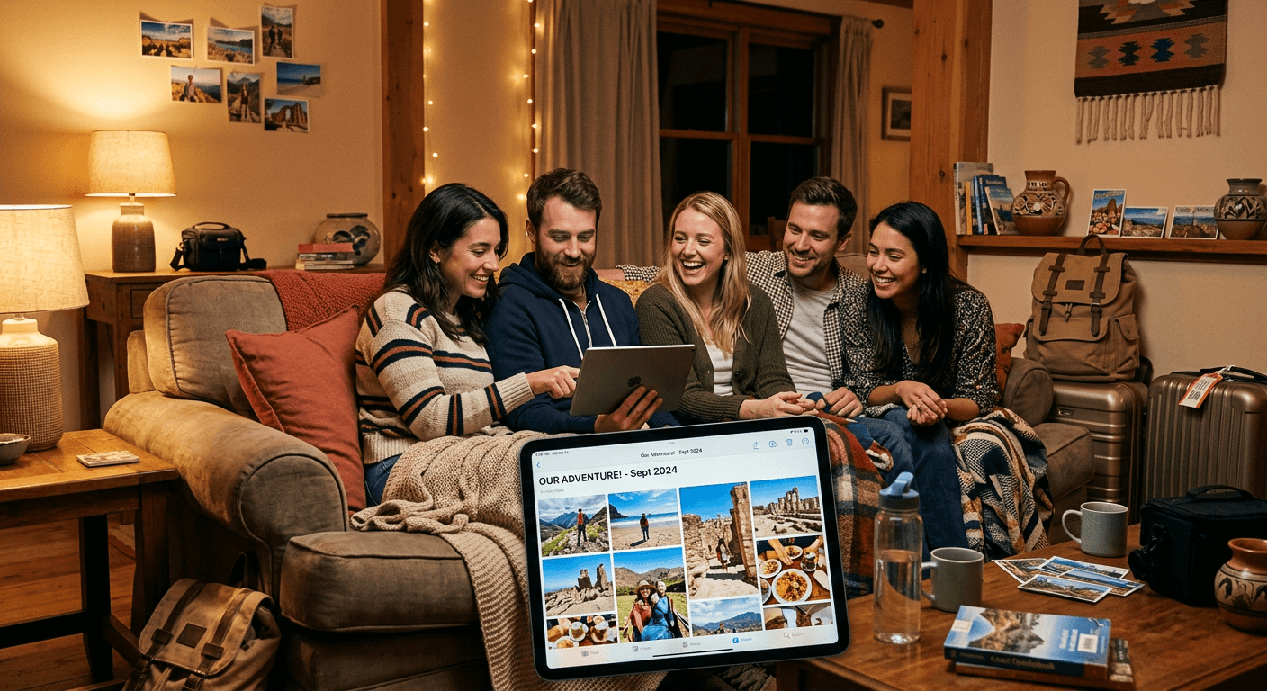 Family showing vacation gallery to relatives on a video call
