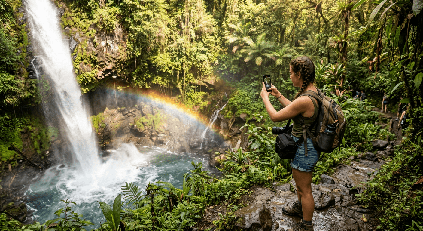 Person filming a waterfall with their phone