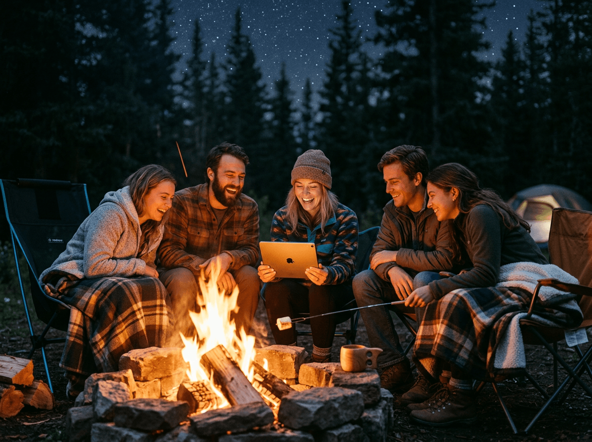 Friends sharing trip photos around a campfire