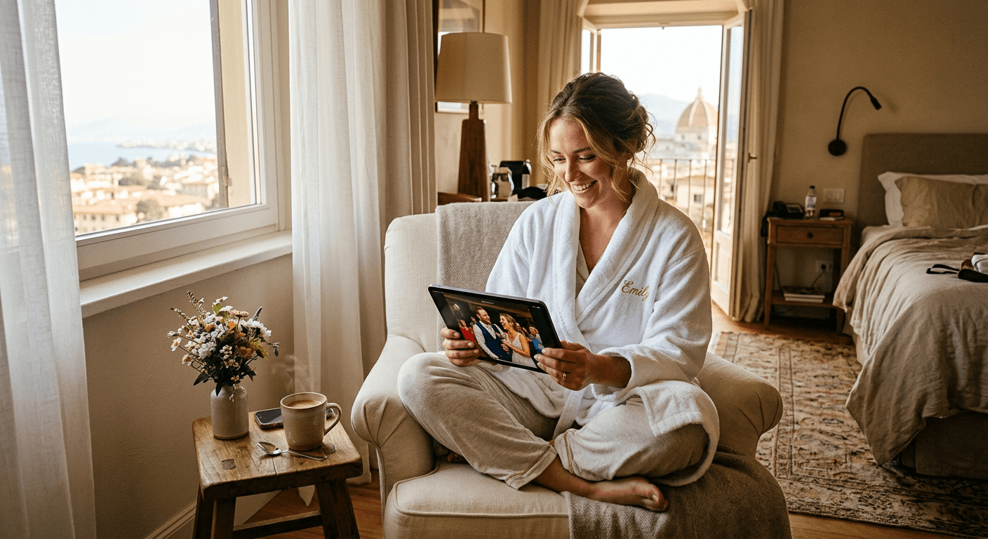 Bride reviewing wedding photos the morning after