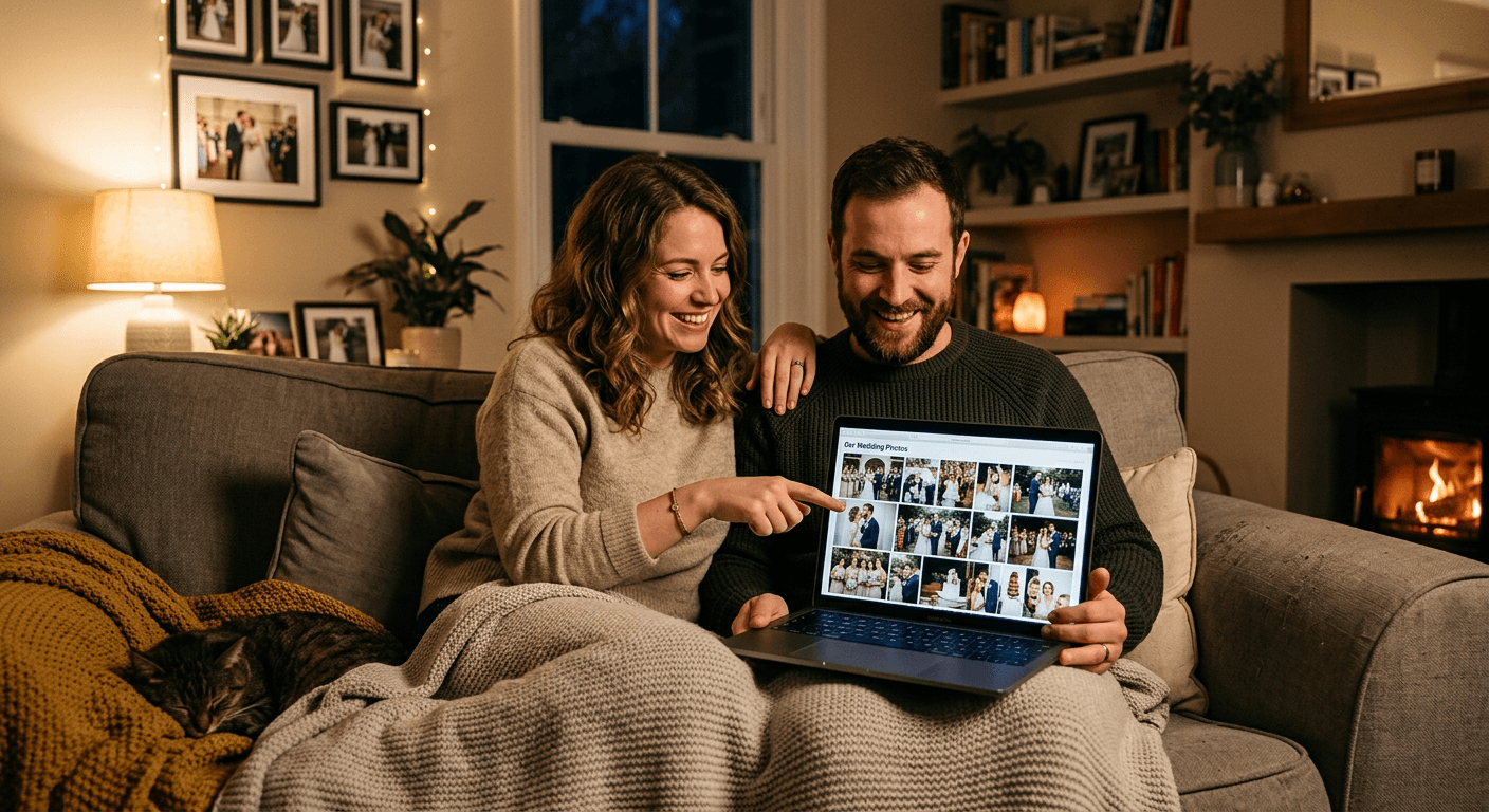 Couple browsing wedding photo gallery on laptop