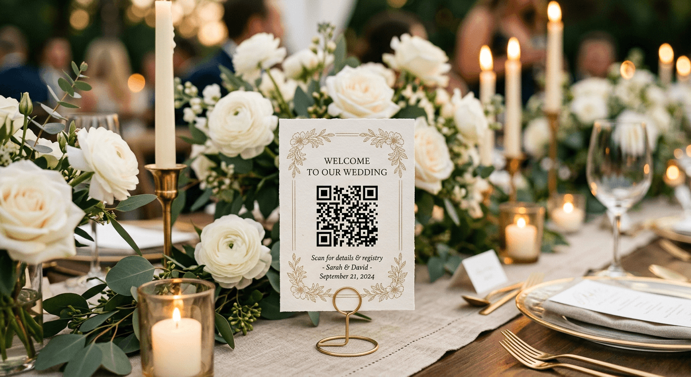 QR code card on elegant wedding reception table