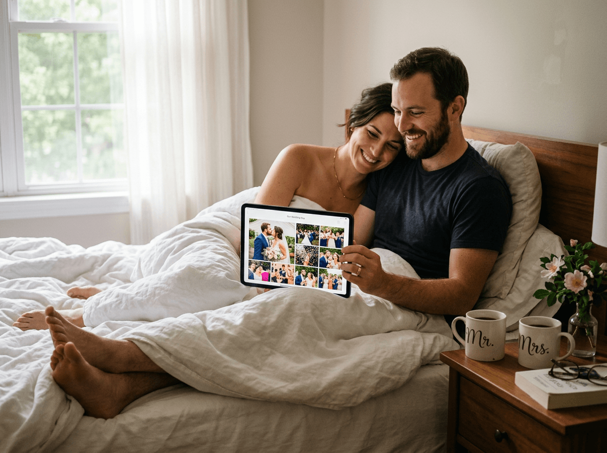 Newlyweds reviewing their photo gallery the morning after