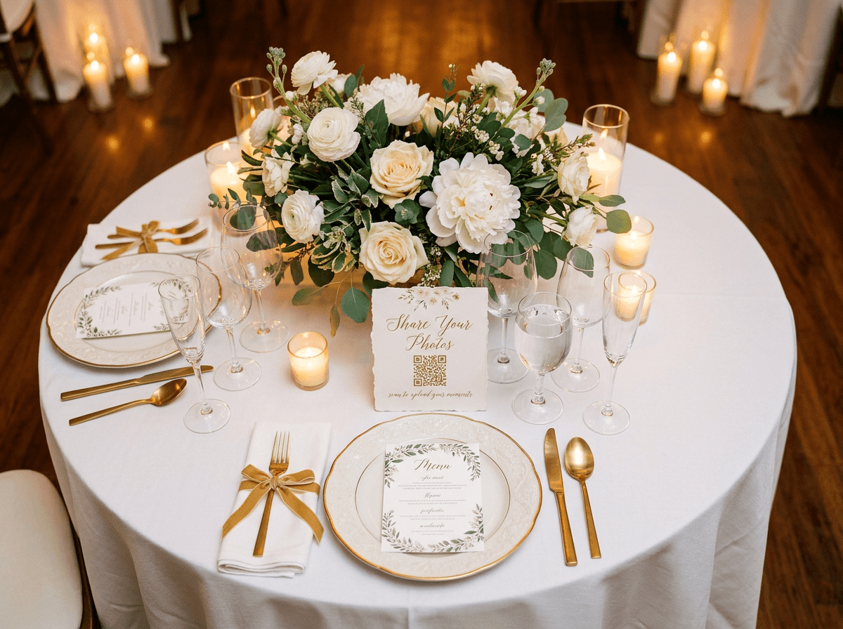 Elegant QR code card on wedding reception table