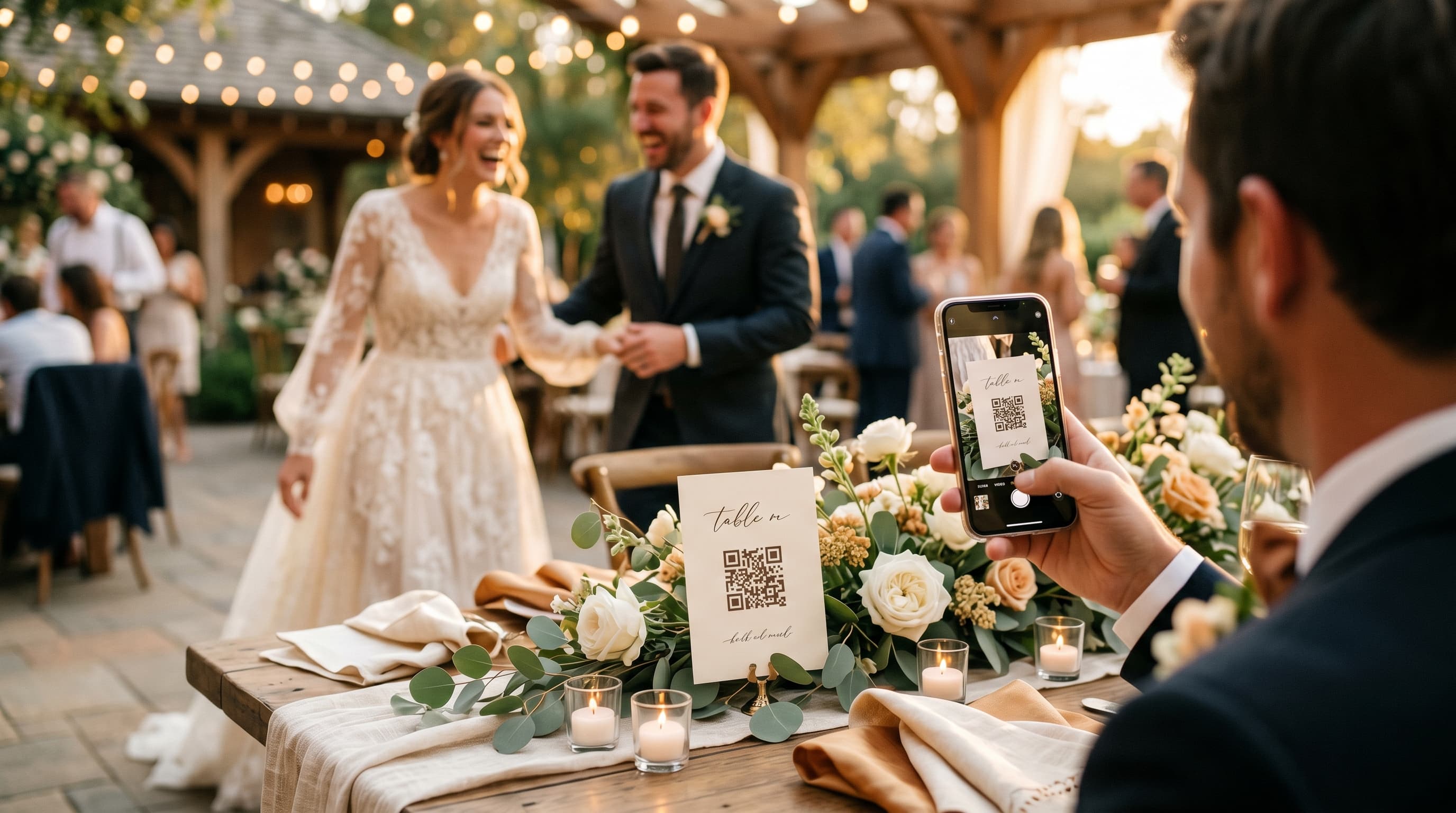 A wedding guest points their phone camera at a printed QR code on a reception table while the couple celebrates behind it